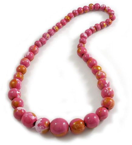 Avalaya Chunky Graduated Wood Glossy Beaded Necklace in Shades of Pink/Gold/White - 66cm Long