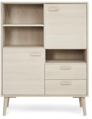 Furnhouse Porto Highboard | Eiche Massiv Holz | 100x40x130 cm | Soft-Close Weiß-Öl – Skandinavisch Schrank Vitrine mit Stauraum