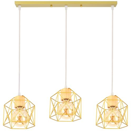 PETITES ECREVISSES Suspension Luminaire Industrielle 3 Lampes Vintage E27 Lustre Abat-jour en Métal Design pour Salon Chambre Cuisine (Doré-Bois-une barre)