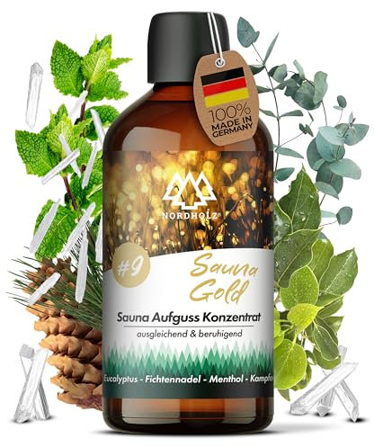 NORDHOLZ® Saunaaufguss [54 Sorten 15ml, 100ml, 250ml] - Sauna Aufgussmittel für intensive & erholsame - Sauna Zubehör (#9 Sauna Gold, 100ml)