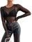 Mujer Camiseta Transparente Sexy Manga Larga: Elegante Blusa de Rejilla Negra con Diseño de Malla Transparente - Ropa Sexy y Versátil para Lucir con Estilo en Fiestas