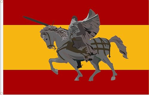 BANDERA DE ESPAÑA CON EL CID CAMPEADOR. RASO PREMIUM 120 GRMS. TAMAÑO GRANDE 150X90 CM