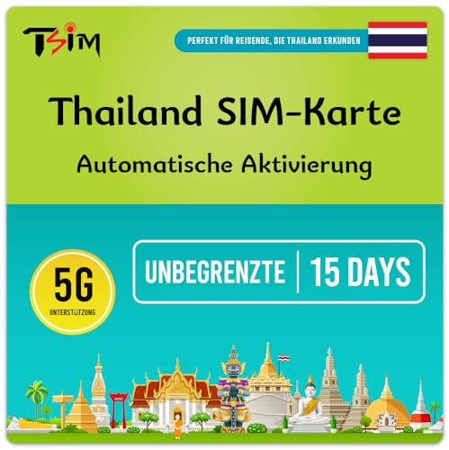 TSIM Thailand SIM-Karte 15 Tage unbegrenzte Daten + lokale Anrufe mit lokaler Nummer + CallHome | Auto-Aktivierung | 5G DTAC-Netzwerk mit Tethering/Hotspot/Internet-Sharing | SIM-PIN inbegriffen