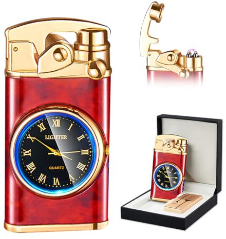 SKRFIRE Briquet Plasma électrique à Arc, Coupe-Vent, Briquet en Métal Lumineux avec Cadran de Montre Véritable, Éclairage LED (Rouge)