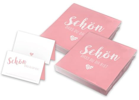 itenga Tischdeko Set - Servietten Schön dass du da bist 30 x 30cm 3-lagig 40 Stück und 48 passende Tischkarten für Kommunion Konfirmation Hochzeit Taufe und andere Feiern (rosa)