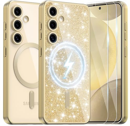 Ethanger Magnetic Case for Samsung Galaxy S24, Titanium gold | Compatible with MagSafe, with 2 x Screen Protector, with Glitter Card and Wrist Strap, Protective Case for Women Girls