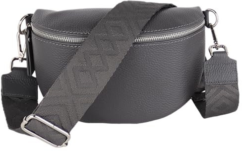 MIRROSI® Bauchtasche Damen, Echtleder, Made in Italy, Umhängetasche, Brusttasche, Crossbody Bag (1 Tasche & 2 Gurte) (Dunkelgrau (Fischgrät), Große Tasche (28x18x9cm))