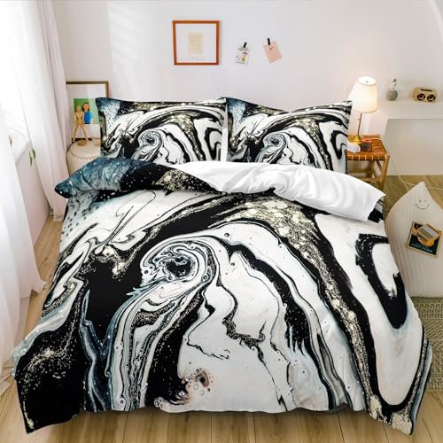 Luowei Marmor Muster Bettwäsche 135x200 cm Grau Schwarz Weiß Bettwäsche Set Microfaser Luxus Modern Bettbezug und Kissenbezüge 80×80cm mit Reißverschluss