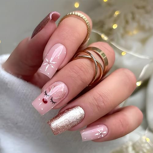 24PCS Weihnachten Nägel Zum Aufkleben - Ballerina Press on Nails, Rosa Schimmer Medium Coffin Falsche Nägel Tips mit Nagelkleber DIY Nagelkunst für Frauen (Pink with Deer Design)