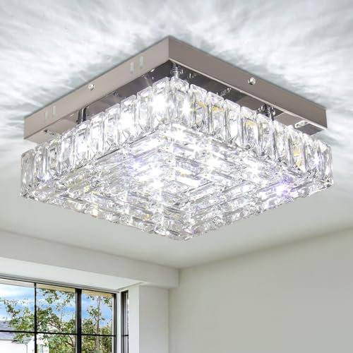 FRIXCHUR 10.6 Zoll Kristall Deckenleuchte, Moderne LED quadratische Kristall Kronleuchter, Unterputz Deckenleuchte für Schlafzimmer, Flur, Esszimmer (6500K kaltweiß)