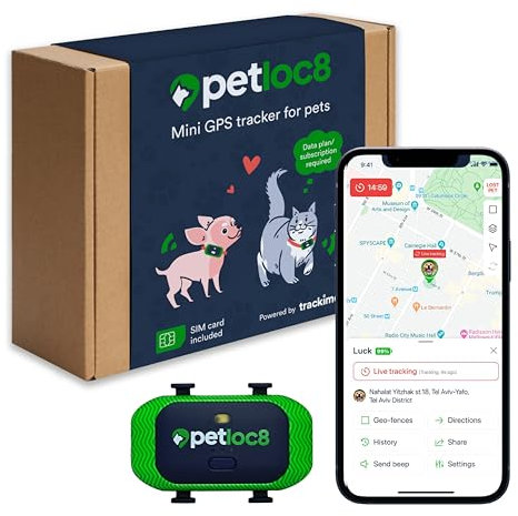 PETLOC8 Kleiner GPS Katzen- und Hunde-Tracker - Passt auf Ihr Hunde- oder Katzenhalsband, wasserdicht, Smart App steuerbares Geofencing und Haustierstandortverlauf, Abonnement ist erforderlich