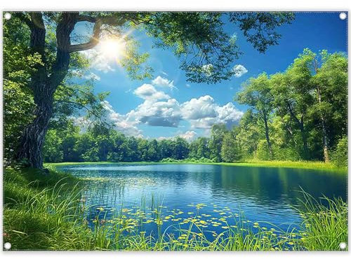 Luminora 2,1 x 1,5 m Stoff-Hintergrund mit natürlicher Landschaft, Wald, See, Sonnenschein, Himmel, Hintergrund für Outdoor-Reisen, Wandern, Camping, Party-Dekorationen, Urlaub, Foto-Banner
