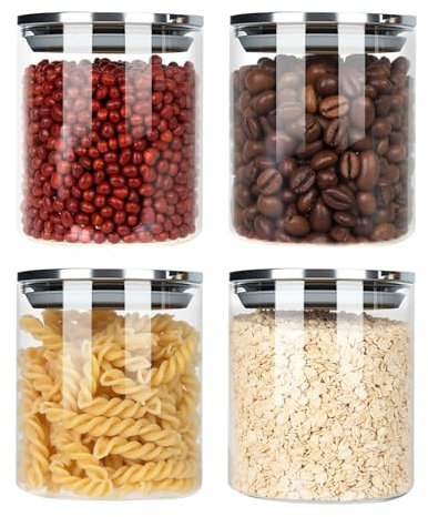 FoiiLiio Bocaux Rangement Cuisine en Verre Hermétique Lot de 4 Bocal en verre avec Couvercle 400 ml, Inox, pour Pâtes, Céréales, Thé, Haricots, Cornflakes