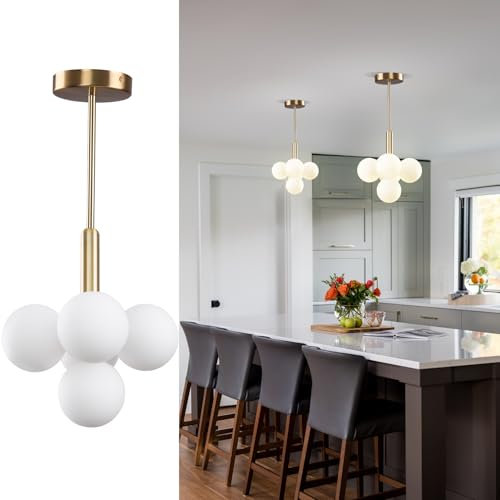 JUJUQI Moderne Gold Kronleuchter,Weißem Glas Globe Pendelleuchten, 5-flammiges Design,Verstellbare Vintage Hängeleuchte,Halbeinbau Deckenleuchte,Geeignet für Flur,Esszimmer und Küche
