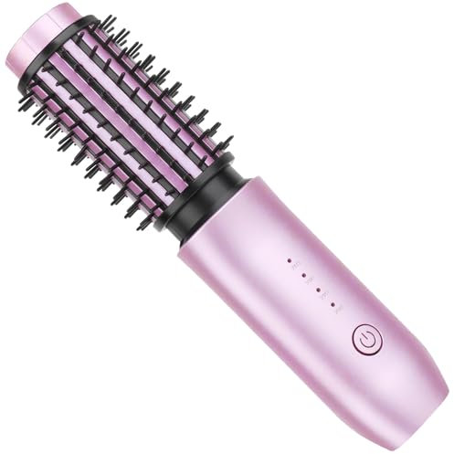 Cordless Curling Iron Brush, 2 in 1 Cordless Hair Curler and Straightener Brush, 7000Mah Portable Travel Iron Mini, Rechargeable Curling Wand with Negative Ion, 150℃-210℃ (Puple)