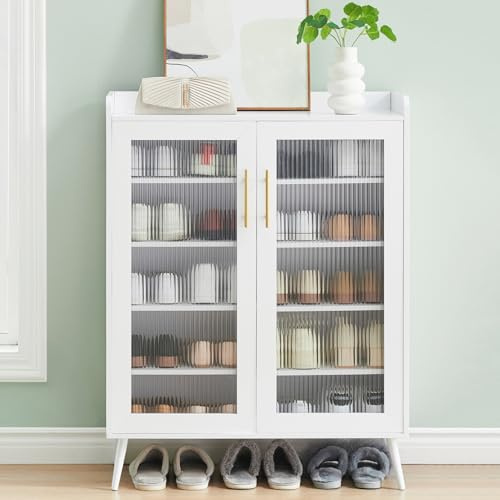 Garvee Zapatero con Puertas de Cristal, Organizador de Zapatos 5 estantes | para la entrada, de gran capacidad y con estantes ajustables, ideal para el pasillo o el salón, blanco
