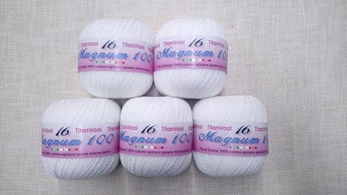 Filo di Scozia Magnum per uncinetto, 5 pezzi da 100 grammi. n° 3/5 / 8/12 / 16/25 (Bianco, n° 16)