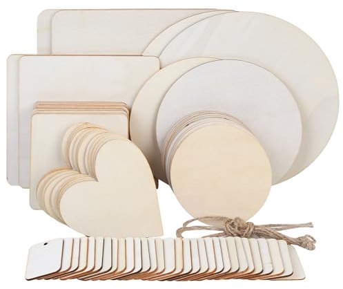 70x Unfinished Blank Wood Slices for Crafts, Unfinished Round Circles Square Wood Pieces,Wooden Hearts for Crafting,Pyrography Woodcraft Wooden Discs for Crafts Coasters DIY Decor Painting(8 Sizes)