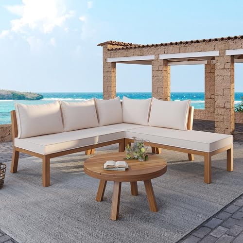 Merax 4-5 Sitzer Gartenmöbel-Set mit Ecksofa und Couchtisch, Akazienholzrahmen, Massivholz, Dicke Akazientischplatte, für Garten, Balkon, Terrasse – Langlebig, wetterbeständig und komfortabel Beige