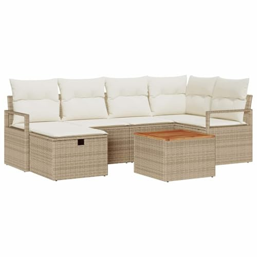 vidaXL Garten-Sofa-Set mit Kissen mit Speicher 7 pcs Beige Poly Rattan, Garten und Terrasse, modernes modulares Lounge-Set, verstellbare Füße, wetterfestes Sofa-Set.