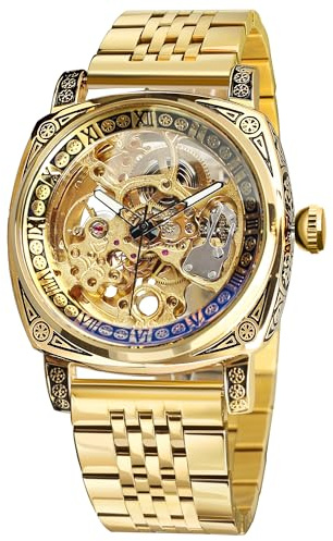 FORSINING Uhren für Herren, quadratisch, Retro, mechanische Uhr, selbstaufziehend, geschnitzt, Skelett, Automatikuhren, Vintage-Lederarmband, Gelb-LL