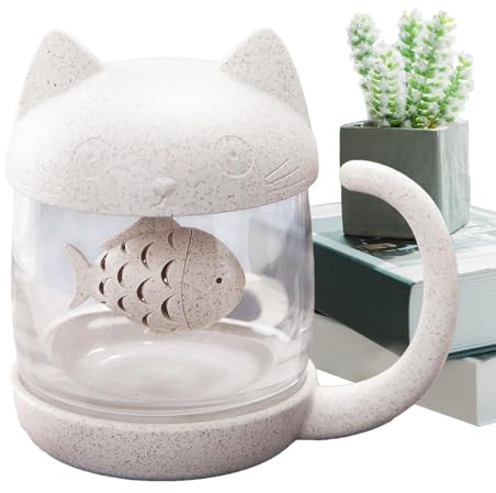 Generico Tazze Da Tè Con Infusore E Coperchio - Design Gatto Cartone Animato, Per Bevande Calde E Fredde, Infusore Da Tè A Forma Di Pesce, Materiale Ceramico Resistente | Bicchieri Per Amanti Dei