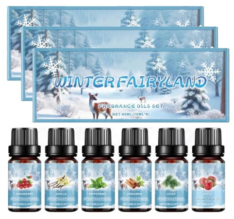 Winter Ätherische Öle Set, Diffuser Atherische Ole, 6 x 10ml Ätherische Öle, für Diffuser, Winterzeit Ätherische Öle, Zeder, Vanille, Zimt, Apfel, Minze, Cranberry, für Duftlampen und DIY (3PC)