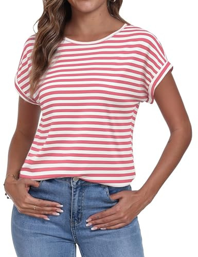 Terecey Womens Striped T Shirt Short Sleeve Crew Neck Relaxed Summer Top