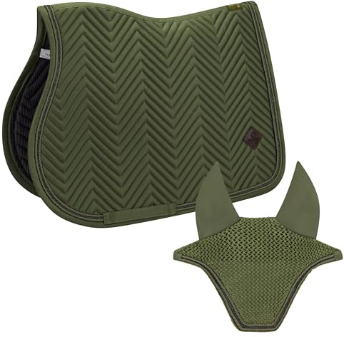 Equimour Spring Schabracke Set Classic Sage – 2-teilig mit Fliegenhaube | Atmungsaktiv, rutschfest und strapazierfähig – abgestimmtes Outfit für Training und Springparcours