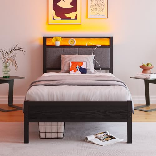BORPHOM Bettgestell 90x200 mit Lattenrost,Metallbett Polsterbett Jugendbett 90x200 aus Metall mit LED Beleuchtung und Ladestation,Bettrahmen Einzelbett mit Kopfteil & Stauraum
