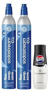 Sodastream Lot de 2 Recharges de gaz supplémentaire 60L à visser + 1 Concentré Pepsi Zéro Sucres