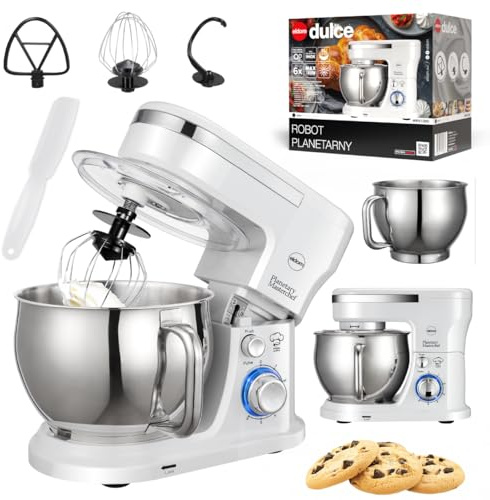 Küchenmaschine 1300W, Planetarische Rührmaschine 5L, 6 Geschwindigkeiten + Pulse, Metallgetriebe, Teigmaschine mit Knethaken, Schneebesen & Rührhaken, weiß WRK1300 Eldom
