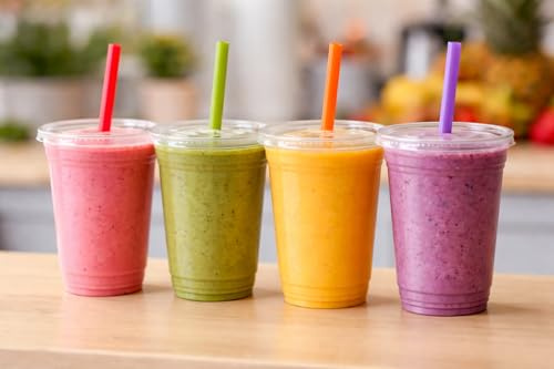 Foglish Home & Garden Clear Plastic Cups with Flat Lids, 12oz, for Smoothies, Milkshakes, Iced Coffee, Bubble Tea (50)