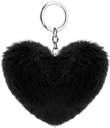 Soleebee Künstliche Kaninchenfell Keychain Flauschigen Liebesherz Pom Pom Schlüsselanhänger Taschen Koffer Rucksäcke Zubehör Charm Auto Schlüsselanhänger Schlüsselring für Frauen Mädchen (Schwarz)