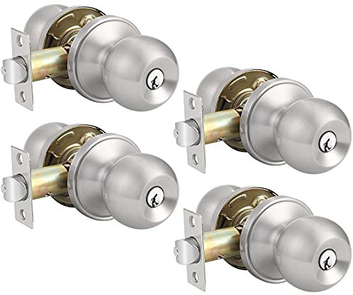 Probrico 4 Pack Entry Door Knob with Key Stainless Steel Exterior Door Knobs Round Security Front Door Lock Set Satin Nickel