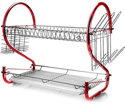 St@llion 2-Tier Stainless Steel Dish Drainer Rack Holder | Durable & Stylish Dish Rack Non-Slip Base & Large Capacity for Plates, Bowls & Cookware | Efficient Drying & Organization (Red)