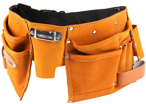 11 Pocket Strong Suede Leather Tool Belt with Tape Measure Clip, Hammer Holder & Adjustable Strap with Long Strap & Strong Clip Buckle