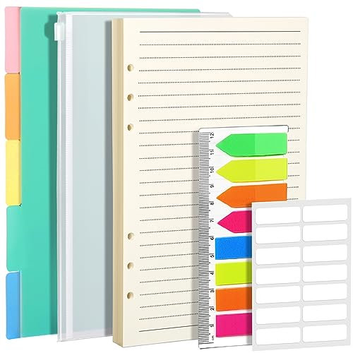 FANDAMEI A5 Refills - Lined Paper Set with PP Binder Divider, Neon Index Flag & Zipper Pocket, Paper Inserts with Subject Divider, Planner Inserts