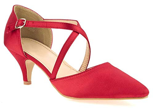 Women-Ladies-Low-Kitten-Heel-Strappy-Diamante-Glitter-Court-Shoes-Party-and-Bridal-Wear New Size 3 to 8 (Red, 3)