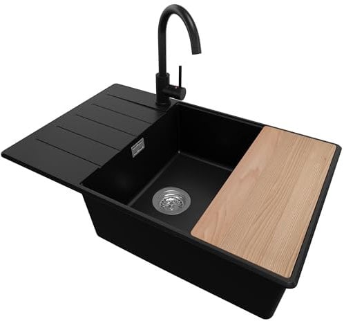 Evier Cuisine en Granit Noir 78x50cm, Lavabo 1 bac + Kit de Vidage + Robinet + Planche à Découper, Évier à Encastrer au meuble 60cm - Copenhague Top de Primagran