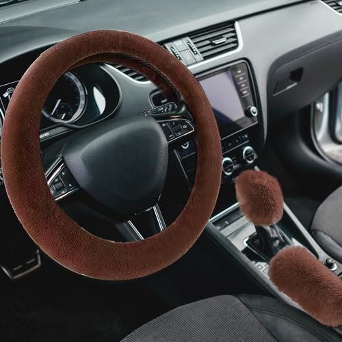 Lenkradabdeckung, Amokee Universal Lenkradhülle Plüsch 3er/Set Winter Lenkradbezug Teleskop Lenkrad Abdeckung weich bequem Steering Lenkradschoner für Auto Zubehör, 36-39cm (Kaffee)
