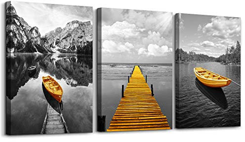 hyidecorart Bilder Landschaft Natur, Wandbild Grau Gelb Nordischer Boot, Modern Berge und See Panorama Kunstdruck Deko für Wohnzimmer Schlafzimmer Küche Esszimmer und Badezimmer