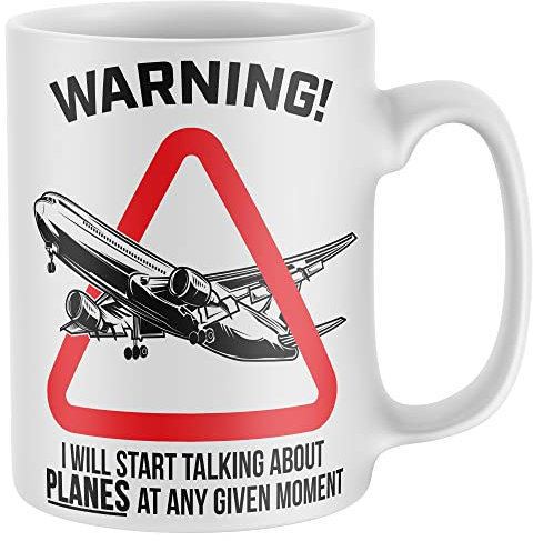 Purple Print House Warning Will Talk About Planes Mug, Funny Coffee Cup, Aeroplane Gifts for Him, Airport Birthday Present Ideas For Dad or Son, One Size, White