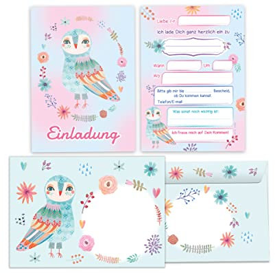 Junapack 12 Einladungskarten incl. 12 Umschläge zum Kindergeburtstag Mädchen Eule
