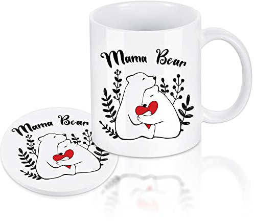 Mama Bear Geschenk Set für Mutter Keramik Mama Bär Becher Mama Bear Untersetzer Kork für Tasse mit Geschenkkarte Beste Mutter Muttertag Geschenkset für Weihnachten Damen Geburtstag