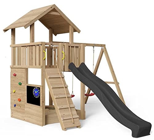 Spielturm Mia 360 - natürlich Lärche - außergewöhnlich - Spielturm mit Holzdach, Kletterwand, Kreidetafel, Rampe mit Seil, Sandkasten, Doppelschaukel und Rutsche grau