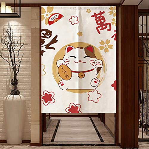 Odot Noren Rideau de Porte Japonais Long Coton et Lin, Rideau Demi-Porte Imprimé Style Tradition, Rideau de Séparation de Cuisine de Restaurant, Tapisserie Décoration (85x120cm,Chat Chanceux)