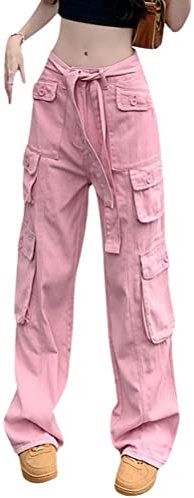 Onsoyours Femme Jeans Y2K Cargo Pantalon Casual Vintage Baggy Boyfriend Pants Coupe Droite Denim Pantalon avec Poche Taille Haute Trousers Streetwear Z3 Rose S