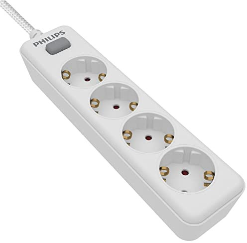 Philips SPN1142WA/10 - Regleta de 4 Enchufes Schuko, Enchufe Múltiple, Ladrón Alargador, Protección Infantil Sobretensión, Interruptor Encendido/Apagado, Cable 2 Metros - Color Blanco
