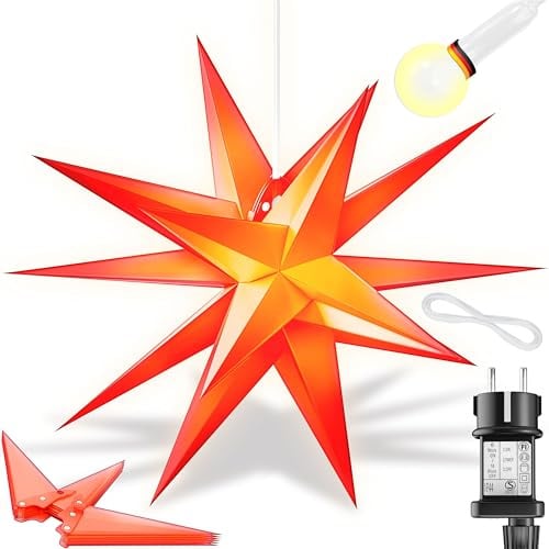 KESSER® 100cm Leuchtstern 3D, LED Weihnachtsstern mit Timer für innen und außen, Adventsstern Beleuchtet hängend Rot Stern + Warmweiß Licht